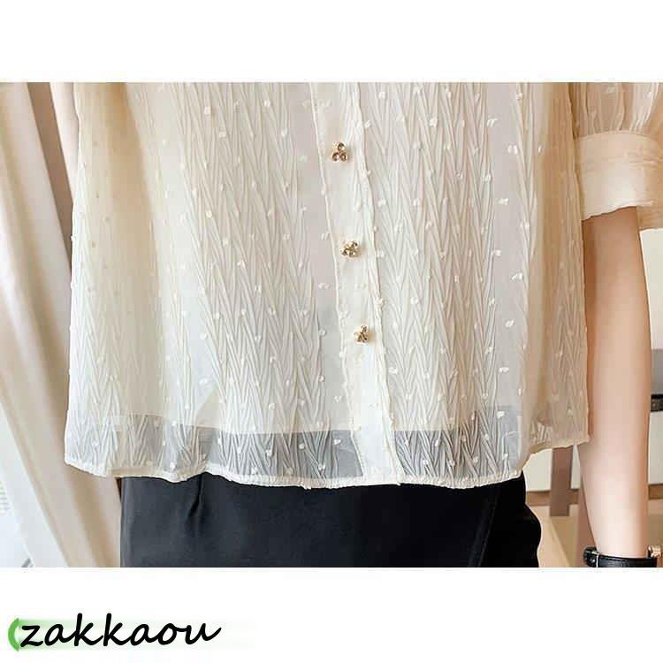 ブラウス レディース 40代 春夏秋新作 オシャレブラウス 白シフォンシャツ 30代 韓国風 通勤 シャツ ゆったりT 大人 50代 レース折り襟ブブラウス 半袖トップス - 画像 (8)