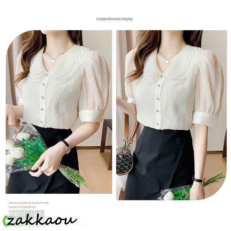 ブラウス レディース 40代 春夏秋新作 オシャレブラウス 白シフォンシャツ 30代 韓国風 通勤 シャツ ゆったりT 大人 50代 レース折り襟ブブラウス 半袖トップス - 画像 (9)