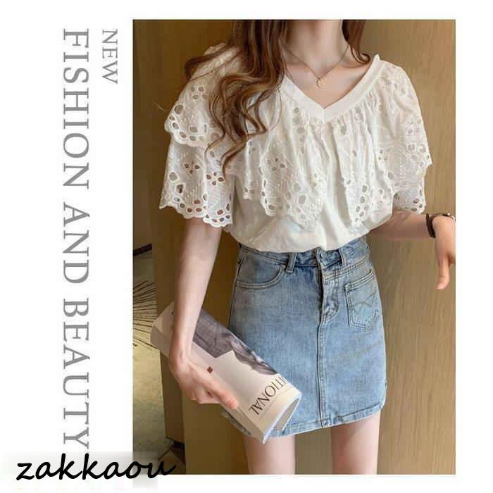 ブラウス レディース 40代 春夏 オシャレブラウス 白ブラウス 通勤OL おしゃれ上品 フレア袖 レースブラウス透かし雕り 大人 ゆったり 30代50代 半袖トップス - 画像 (3)