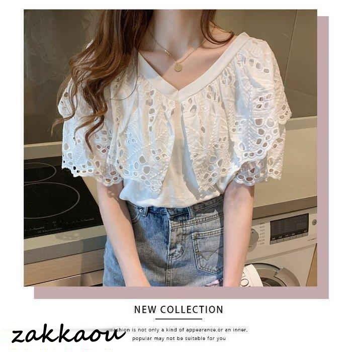 ブラウス レディース 40代 春夏 オシャレブラウス 白ブラウス 通勤OL おしゃれ上品 フレア袖 レースブラウス透かし雕り 大人 ゆったり 30代50代 半袖トップス - 画像 (4)