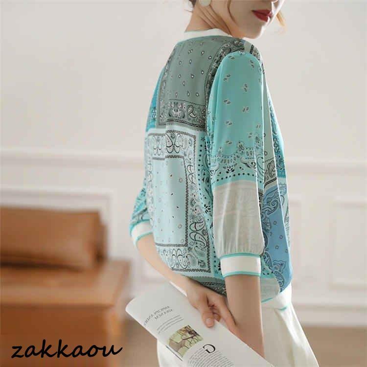 ブラウス レディース きれいめ 40代 春夏 上品 半袖 通勤 トップス 50代 プリントシャツ 着痩せ 大人 透かし彫り 韓国風 30代 - 画像 (2)